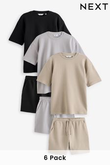 Black/Grey/Neutral - Textured Coord T-shirt And Shorts Set 6 Pack (N78903) | 598 LEI