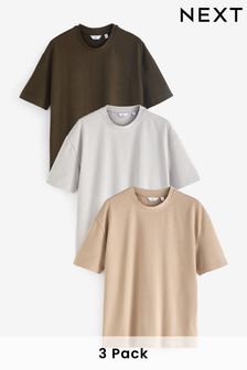 Khaki/Steinfarben/Grau - Lässige Passform - Schwere T-Shirts im 3er Pack (N78968) | 58 €