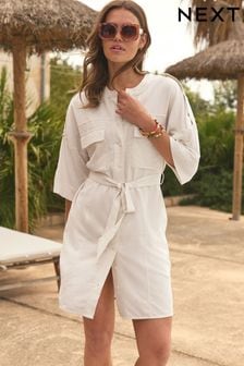 Stone Natural Utility Tie Belt Mini Dress With Linen (N79251) | $64