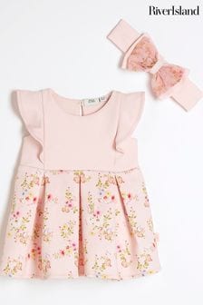 River Island Pink Baby Girls Floral Scuba Dress Set (N79413) | €39