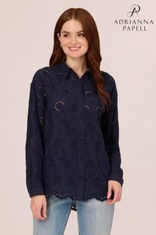 Adrianna Papell Blue Eyelet Button Front Tunic Shirt (N79494) | KRW126,000