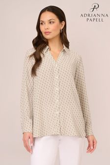 Adrianna Papell Natural Printed Texture Airflow Woven Long Sleeve V-Collar Shirt