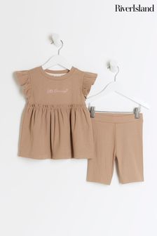 River Island Brown Girls Ribbed Peplum Shorts Set (N79513) | HK$144