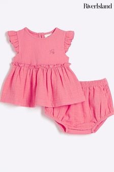 River Island Pink Baby Girls Coral Cheesecloth Bloomer Set (N79551) | Kč715