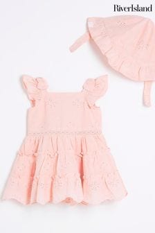 River Island Pink Baby Girls Broiderie Dress and Hat Set (N79552) | $45