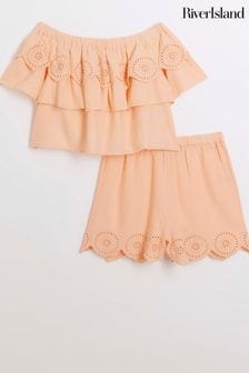 River Island Coral Pink Girls Cut-Out Bardot Short Set With Linen (N79572) | $43