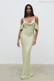 Pretty Lavish Pistachio / Gold Nia Draped Cold Shoulder Maxi Dress (N79769) | €108