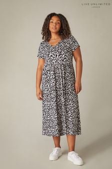 Live Unlimited Curve Mono Curl Print Jersey Short Sleeve Black Midi Dress (N95061) | KRW126,000