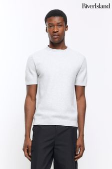 River Island Grey Textured Knitted T-Shirt (N95187) | 124 QAR