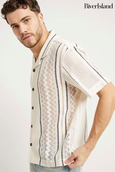 River Island White Regular Fit Stripe Crochet Revere Shirt (N95196) | €44