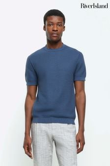 River Island Blue Slim Fit Textured Knit T-Shirt (N95226) | €34