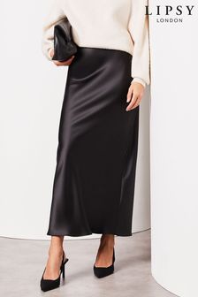 Lipsy Black Satin Maxi Satin Skirt (N95299) | $71