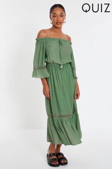 Quiz Green Khaki Bardot Crochet Insert Maxi Dress (N95406) | €53