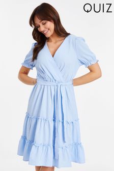 Quiz Blue Textured Woven Frill Detail Midi Dress (N95425) | OMR18