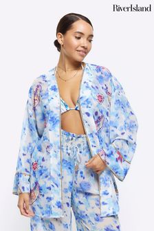 River Island Blue Embellished Tie Dye Kimono Cover-Up (N95492) | AED227