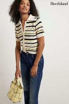 River Island Yellow Stripe Crochet Button Up Polo T-Shirt (N95500) | €55