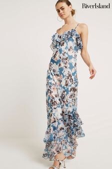 River Island Blue Ruffle Asymmetric Floral Dress (N95501) | $94