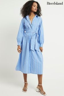 River Island Blue Balloon Stripe Midi Shirt Dress (N95513) | kr649