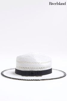 River Island White Blanket Stitch Straw Fedora Hat (N95543) | kr325