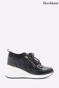 River Island Black Quilted Side Zip Wedge Trainers (N95557) | €64