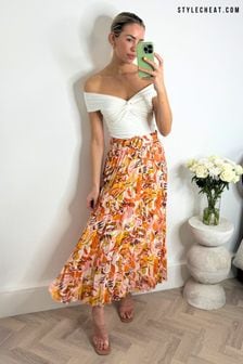 Style Cheat Orange Tropical Floral Demi Belted Pleated Midi Skirt (N95614) | €64