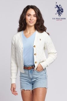 ホワイト - U.s. Polo Assn. Womens Cable Knit Cropped White Cardigan (N95658) | ￥11,450