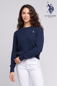 U.S. Polo Assn. Womens Blue Crew Neck Cable Knit Jumper (N95660) | 297 QAR