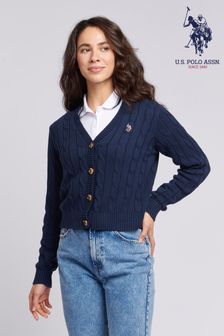 Niebieski - U.s. Polo Assn. Womens Cable Knit Cropped White Cardigan (N95662) | 410 zł