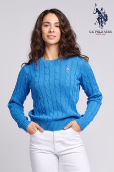 Albastru - U.s. Polo Assn. Womens Blue Crew Neck Cable Knit Jumper (N95663) | 358 LEI