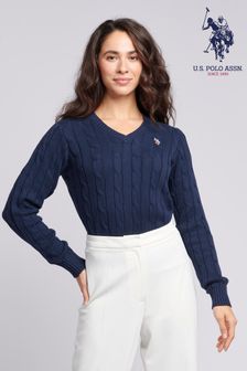 Albastru - U.s. Polo Assn. Womens V-neck Cable Knit White Jumper (N95665) | 358 LEI
