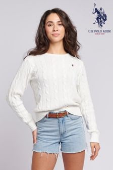 U.S. Polo Assn. White Womens Crew Neck Cable Knit Pink Jumper (N95666) | $103