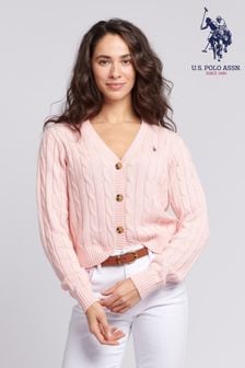 ピンク - U.s. Polo Assn. Womens Cable Knit Cropped White Cardigan (N95667) | ￥11,450