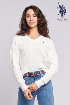 ホワイト - U.s. Polo Assn. Womens V-neck Cable Knit White Jumper (N95672) | ￥10,570