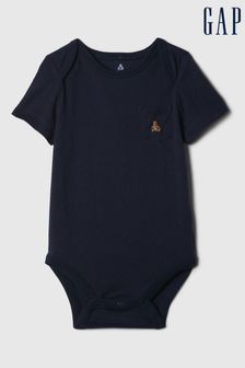 Gap Navy Blue Embroidered Brannan Bear Pocket Short Sleeve Bodysuit (Newborn-24mths) (N96432) | €7