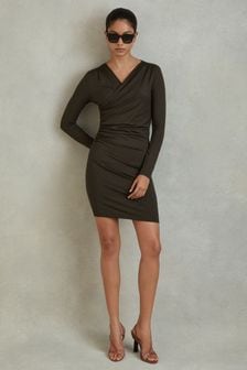Reiss Khaki Lisa Wrap Front Ruched Jersey Mini Dress (N97226) | SGD 325