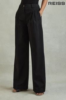 Reiss Washed Black Astrid Petite Cotton Blend Wide Leg Trousers (N97247) | 94,500 Ft
