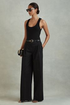 Reiss Washed Black Astrid Cotton Blend Wide Leg Trousers (N97272) | 94,500 Ft