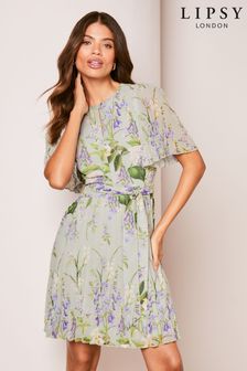 Lipsy Green Floral Print Short Flutter Sleeve Pleated Mini Dress (N97664) | AED272