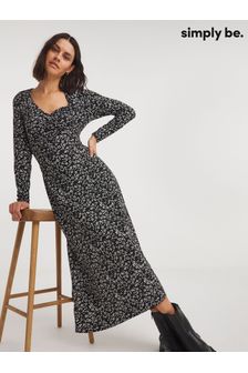 Simply Be Black Long Sleeved Ruched Supersoft Midi Dress (N97896) | €46