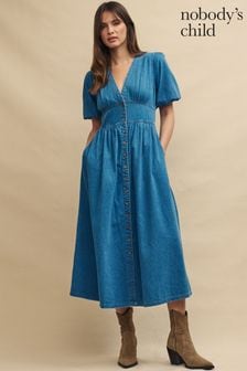Nobodys Child Denim Blue Short Sleeve Starlight Plain Midi Dress (N97941) | €108