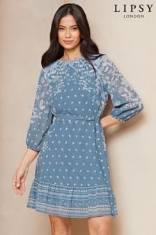 Lipsy Blue Belted Woven Print 3/4 Sleeve Mini Shift Dress (N98219) | AED285