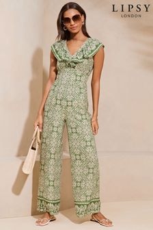 Lipsy Green Petite Printed Ruffle V Neck Sleeveless Wide Leg Jumspuit (N98348) | $88