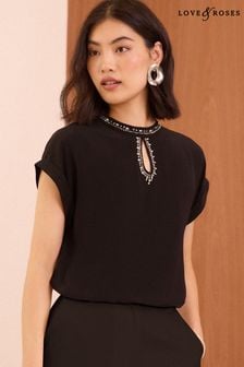 Love & Roses Black Beaded Roll Sleeve T-Shirt (N98489) | $62