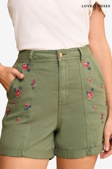 Love & Roses Khaki Green Embroidered Utility Shorts (N98547) | $56