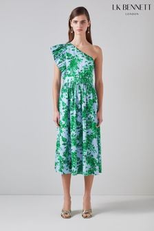 LK Bennett Maud Neon Garden Print Cotton One-Shoulder Dress (N98736) | €399