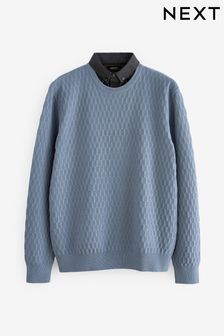 Mid-Blue Texture Crew Neck Regular Mock Shirt Jumper (N98973) | $65