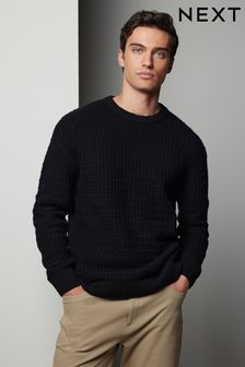 Black Regular Fit Lambswool Rich Textured Crew Jumper (N99066) | $78