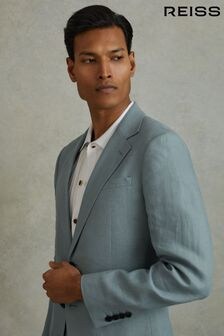 Reiss Aqua Blue Kin Slim Fit Single Breasted 100% Linen Blazer (N99079) | $527