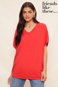 Friends Like These Red Petite Short Sleeve V Neck Tunic Top (N99225) | ₪ 101