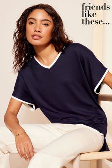 Friends Like These Navy Blue And White Short Sleeve V Neck Tunic Top (N99227) | SGD 46
